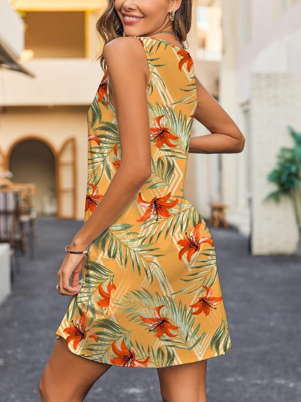 Women's Casual Floral V Neck Loose Tank Dress with Pockets