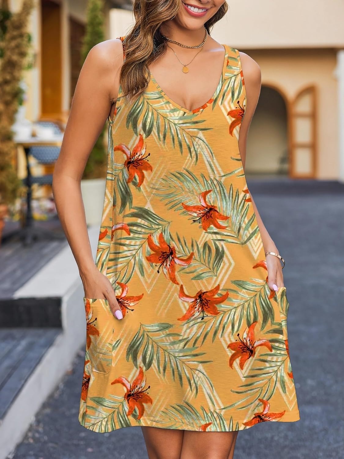 Women's Casual Floral V Neck Loose Tank Dress with Pockets