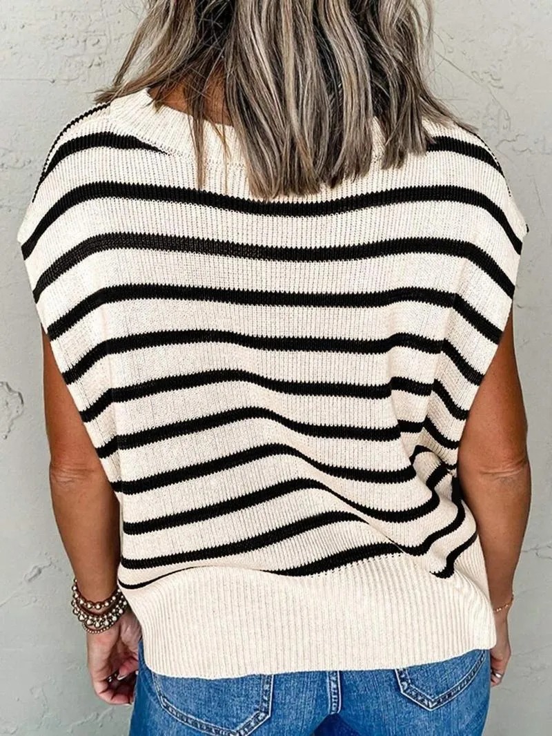 HOT SALE Women's Striped Crew Neck Cap Sleeve Side Slit Sweater Pullover