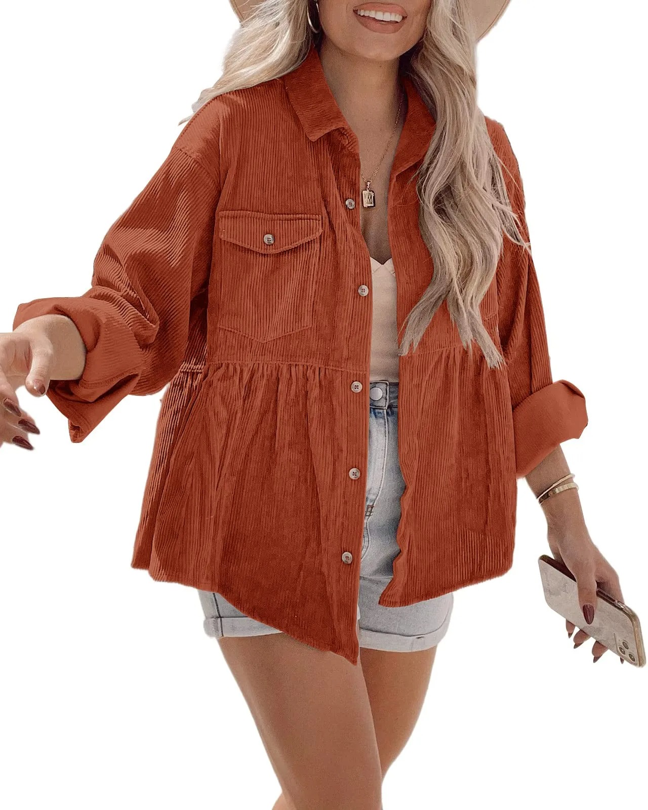HOT SALE Women's Corduroy Shirt Button Down Tunic Loose Pocket Jacket