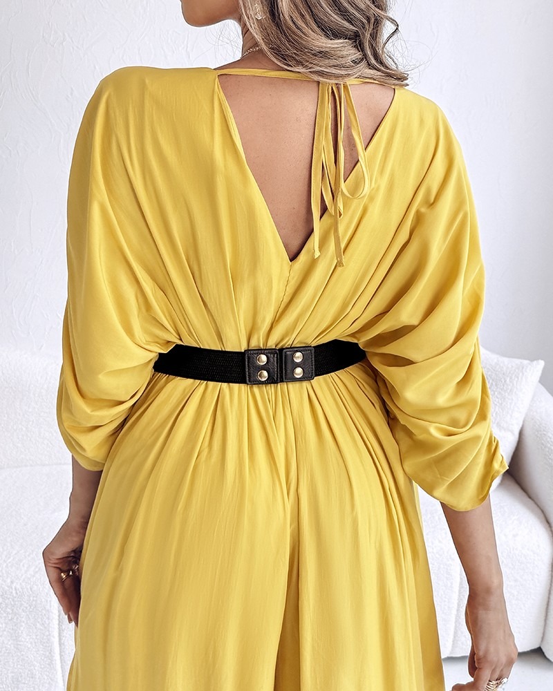 Women's Casual V-Neck Half Sleeve Ruched Jumpsuit