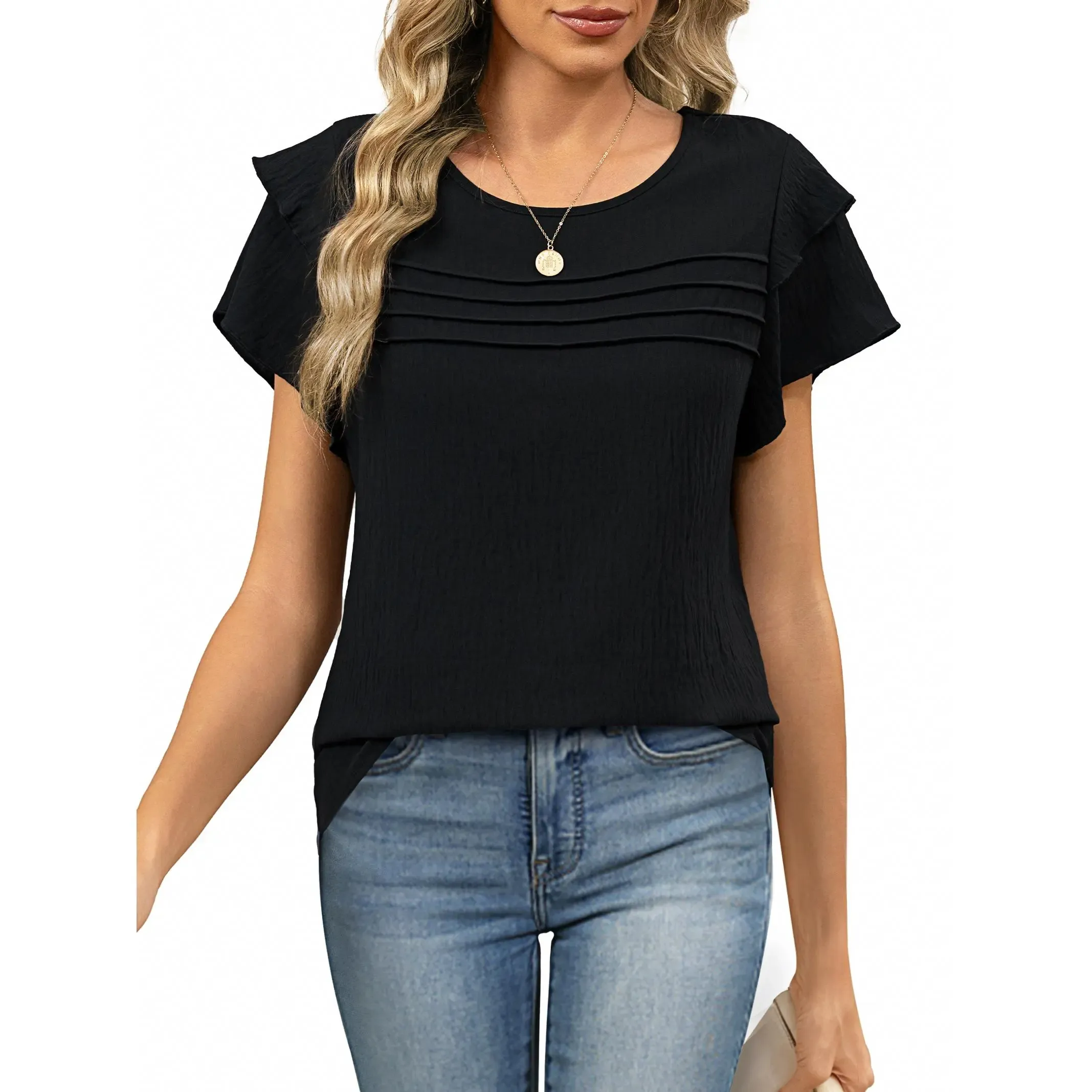 ✨Women's Summer Ruffle Short Sleeve Crew Neck Pleated Front Tops 