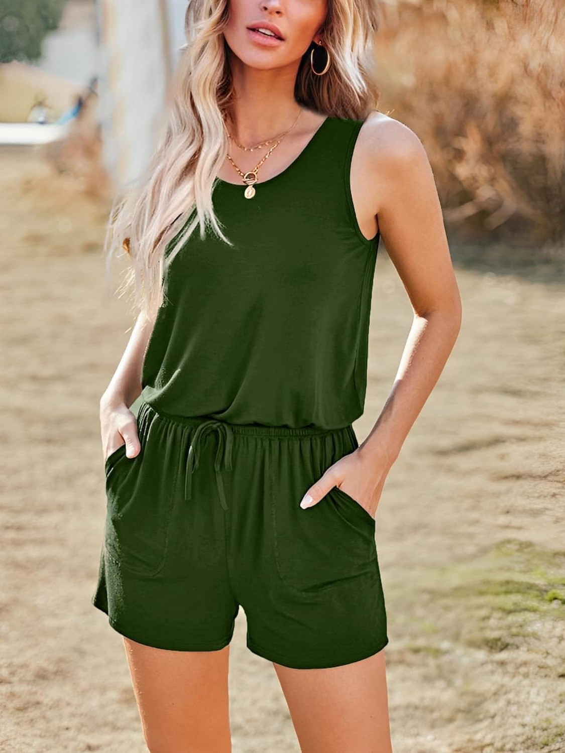 Women's Sleeveless Scoop Neck Tank Short Rompers with Pockets