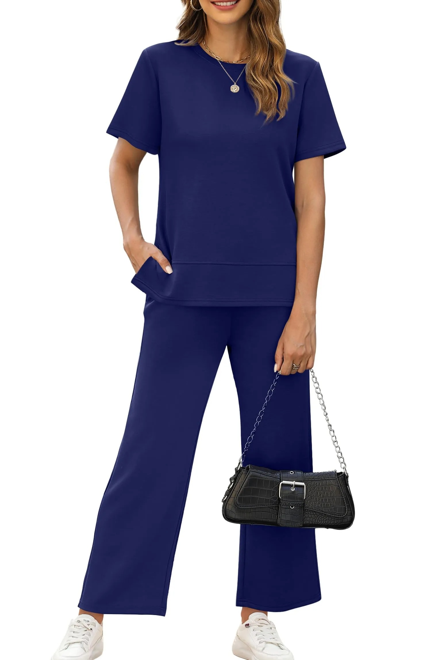 Women's Casual Two Piece Slit Top and Wide Leg Pants