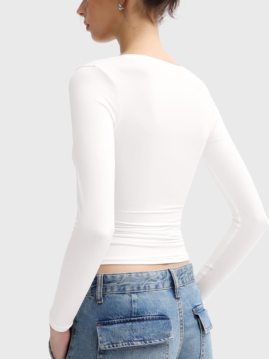 Women's Scoop Neck Slim Fit Long Sleeve Tops Double Lined Basic Tee