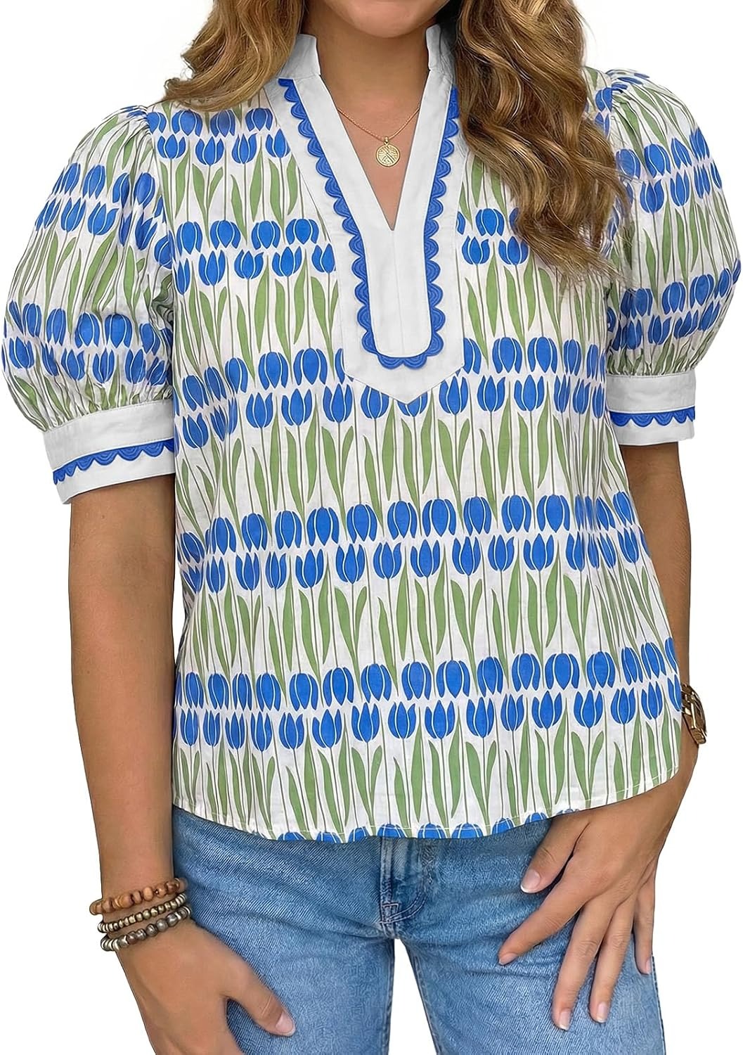 🌷Women's Puff Sleeve Floral Dressy Casual V Neck Loose Fit Blouse Tops