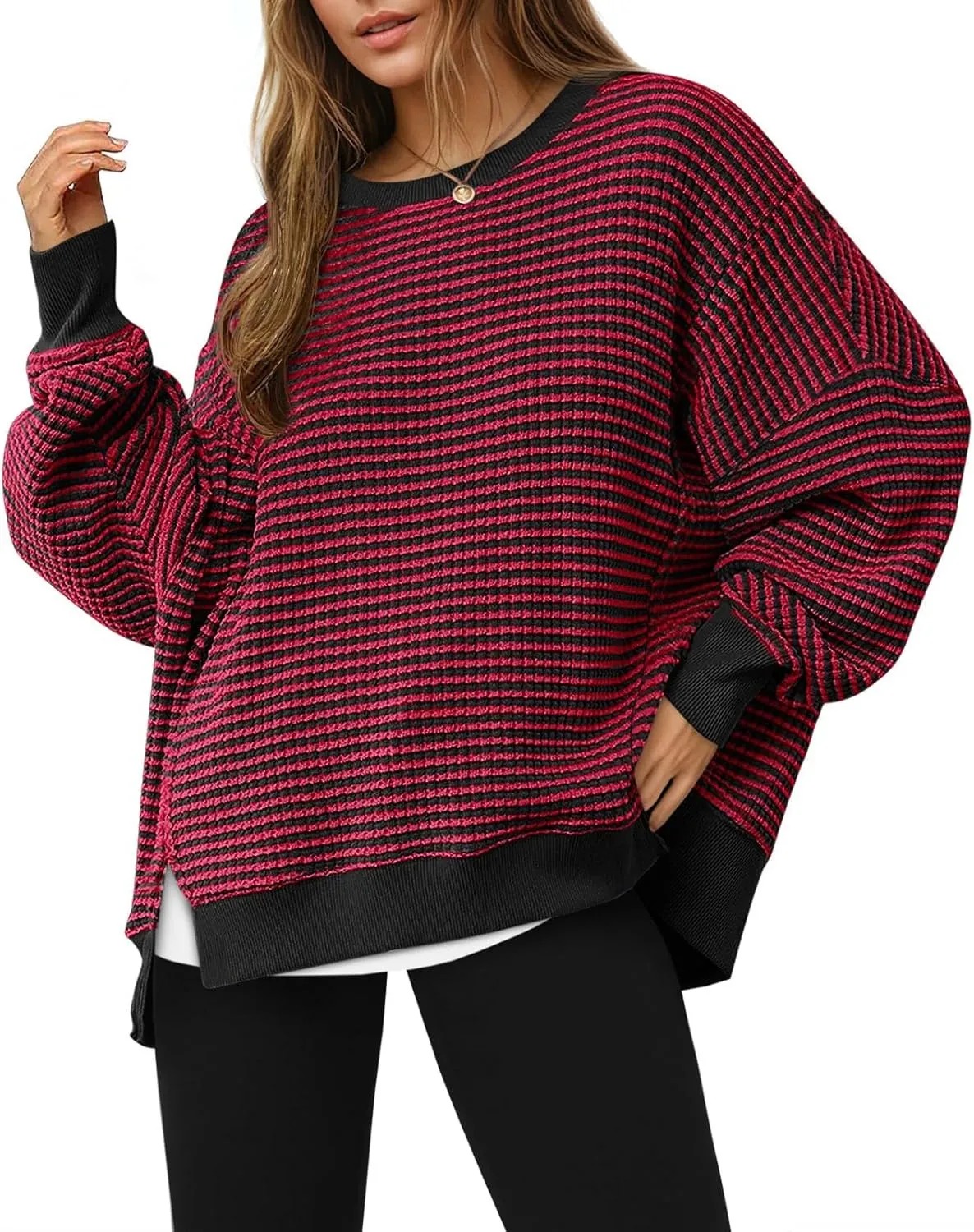 HOT SALE Women's Oversized Sweatshirt Waffle Long Sleeve Split Pullover Tunic Tops