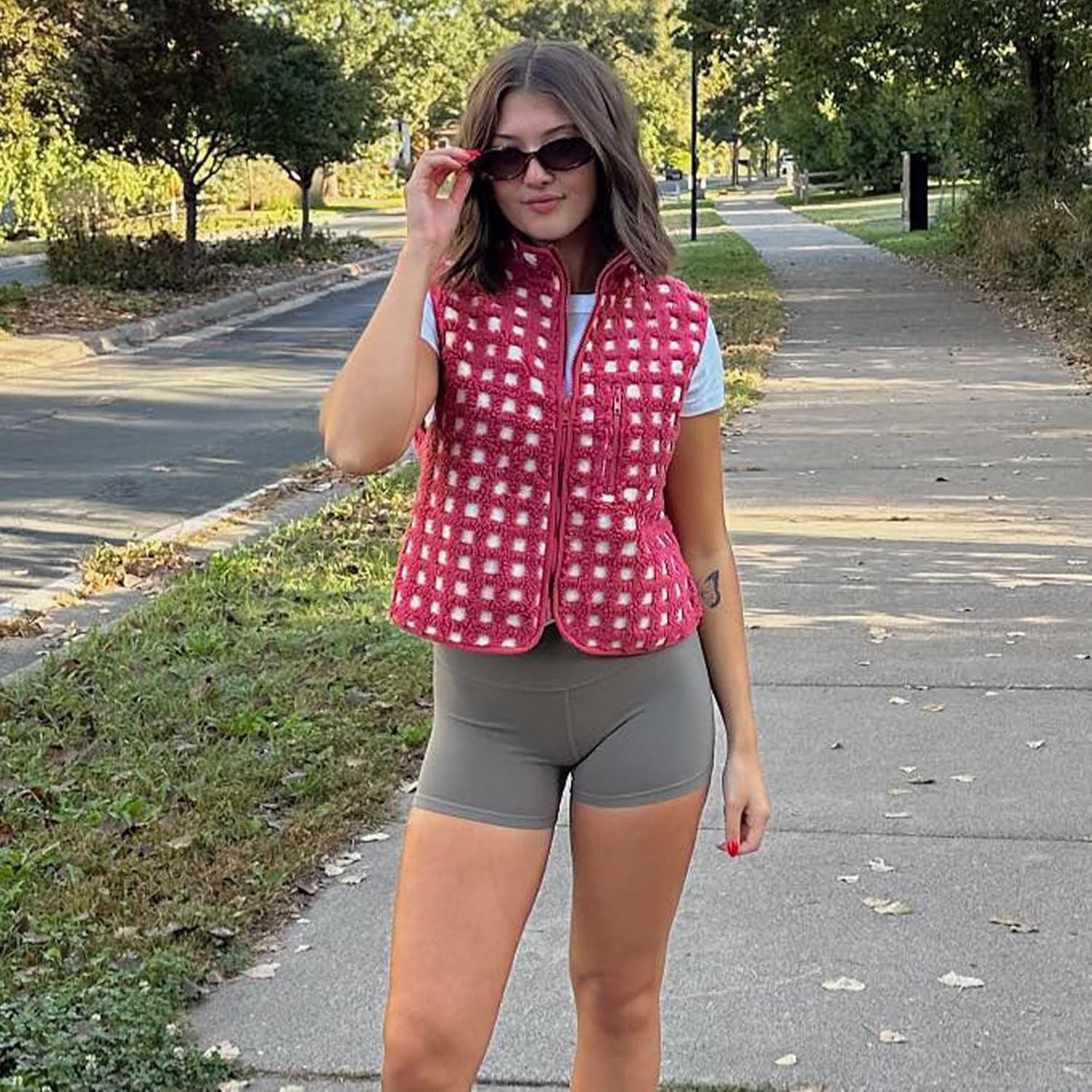 Women's Trendy Plaid High Neck Sherpa Zipper Vest Fleece Jacket