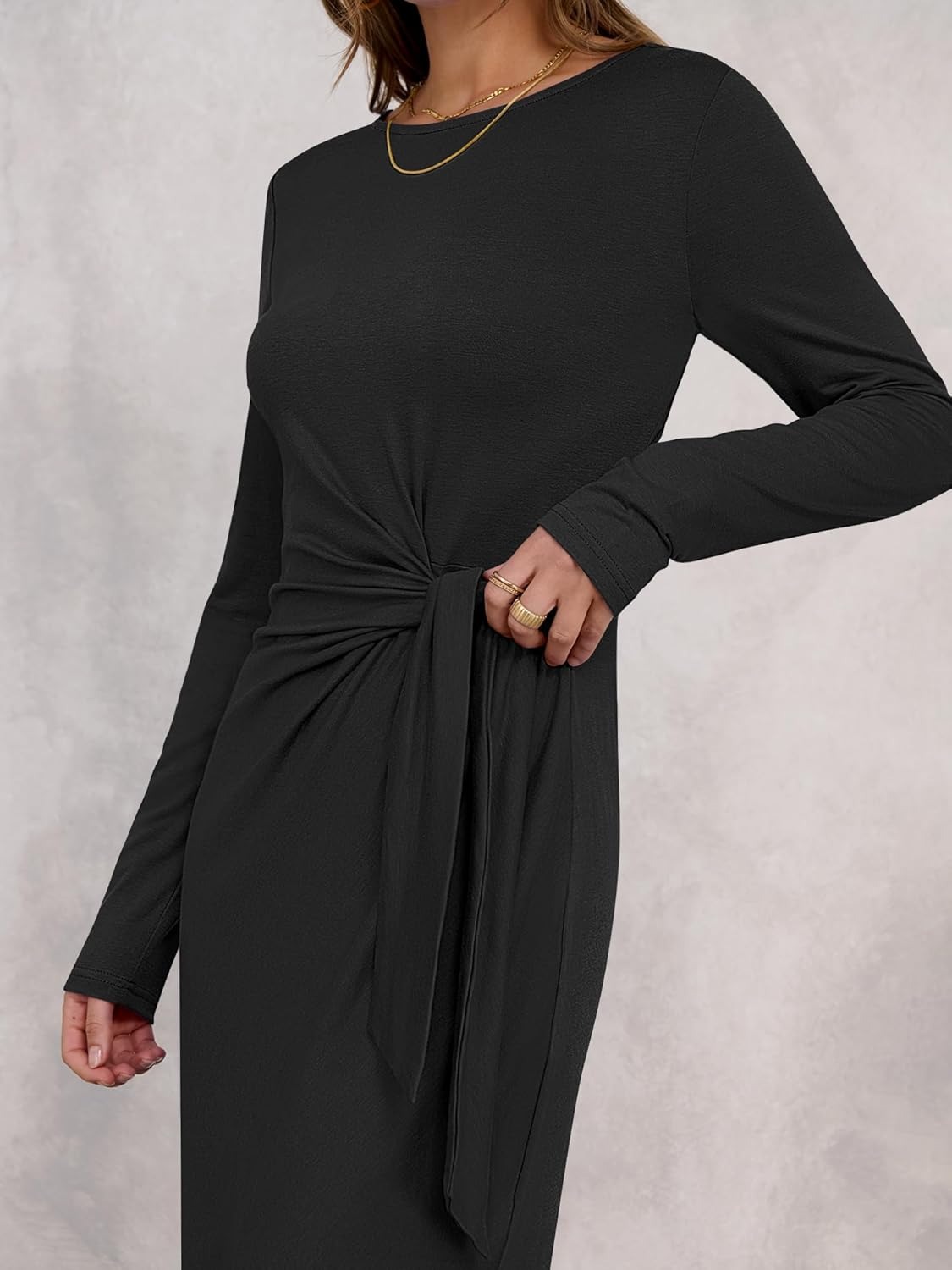 Women's Casual Long Sleeve Tie Waist Slit Maxi Dress