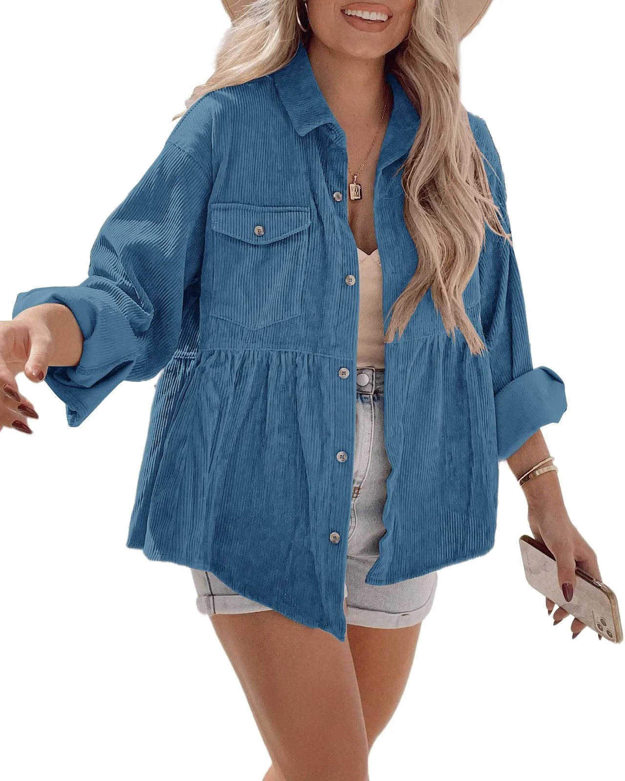 HOT SALE Women's Corduroy Shirt Button Down Tunic Loose Pocket Jacket