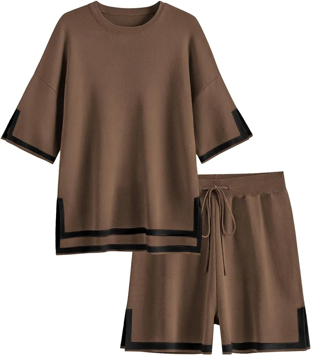 HOT SALE Women's Color Block Knitted Short Sleeve Top And Drawstring Shorts Set