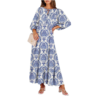 🔥Women's V Neck Puff Sleeve Floral Flowy Swing Long Dress