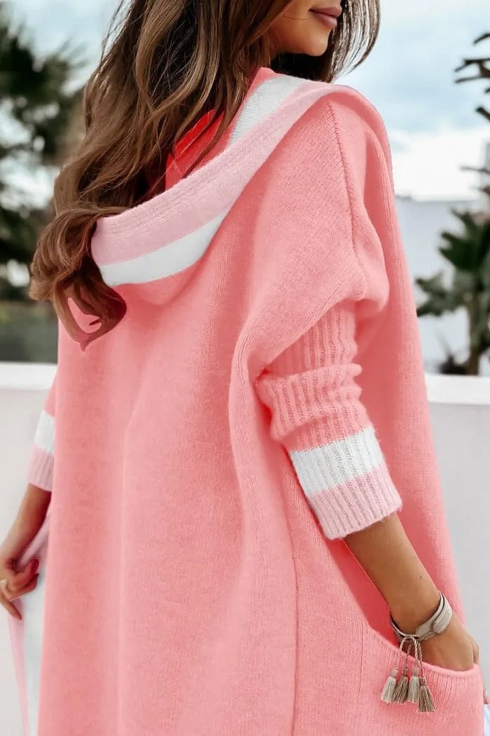 HOT SALE Women's Color Block Striped Open Front Hooded Long Cardigan