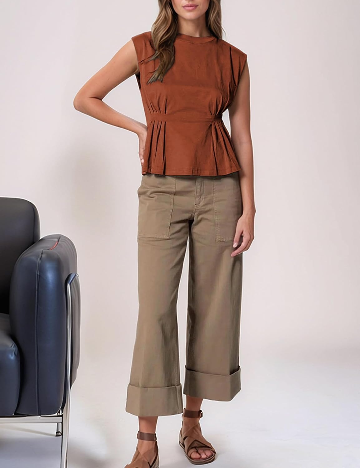 Women's Casual Cap Sleeve Dressy Pleated Tops Tunic Shirt