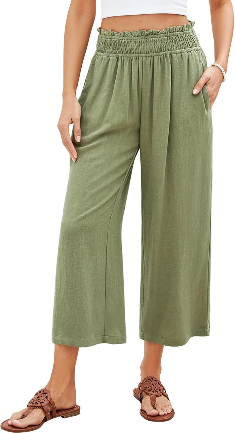 🔥Women's High Waisted Wide Leg Linen Elastic Smock Waist Capri Pants