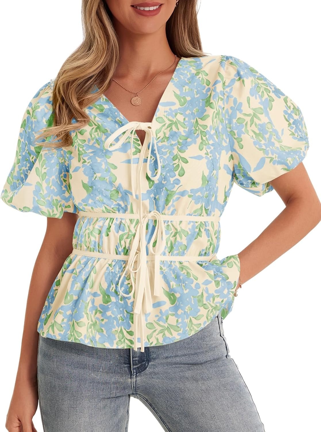 Women's Puff Sleeve Tie V Neck Print Shirts