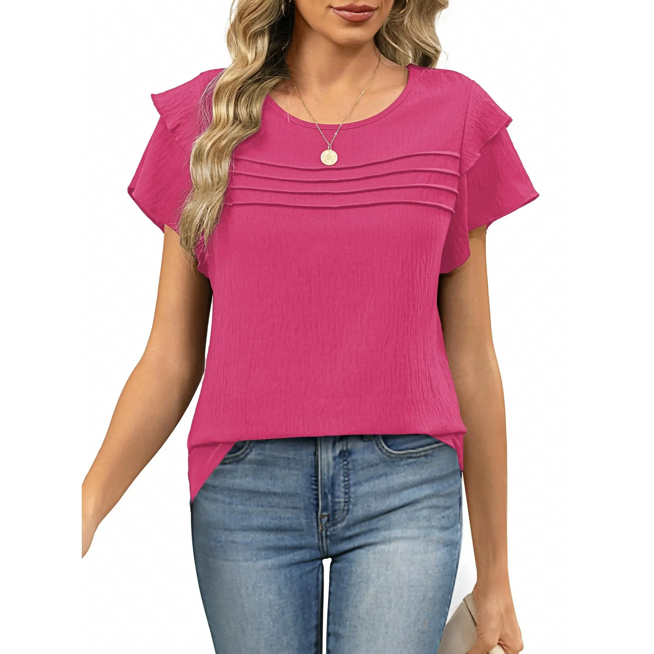 ✨Women's Summer Ruffle Short Sleeve Crew Neck Pleated Front Tops 