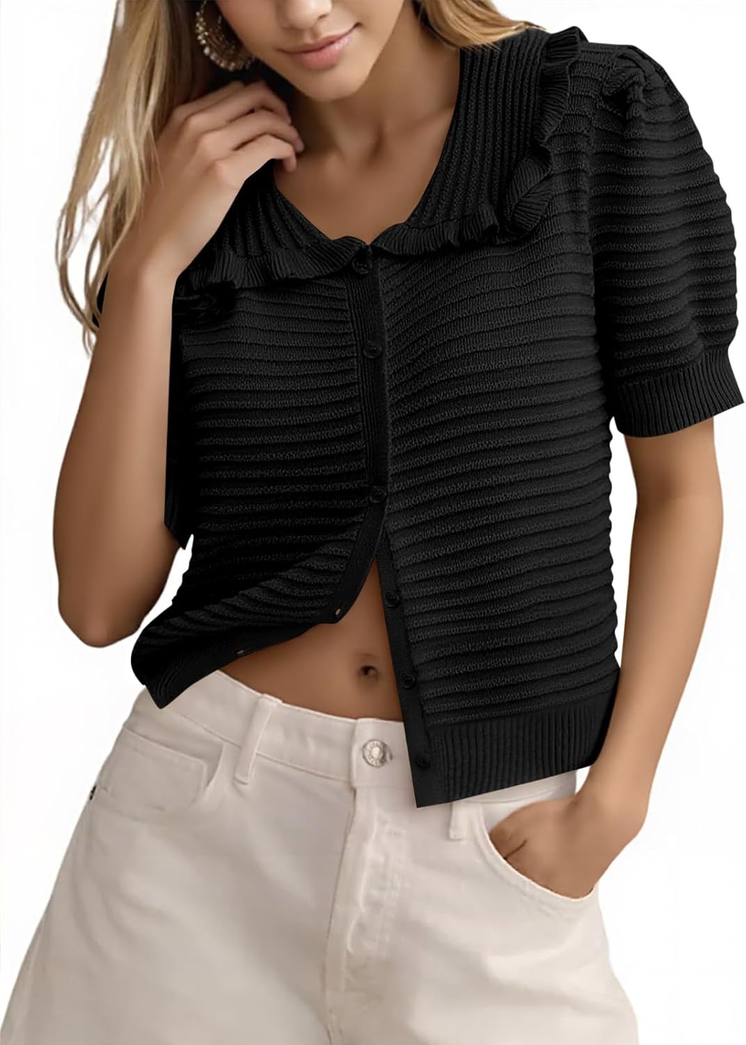 ✨Women's Ruffle Puff Short Sleeve Button Up Ribbed Knit Cardigan