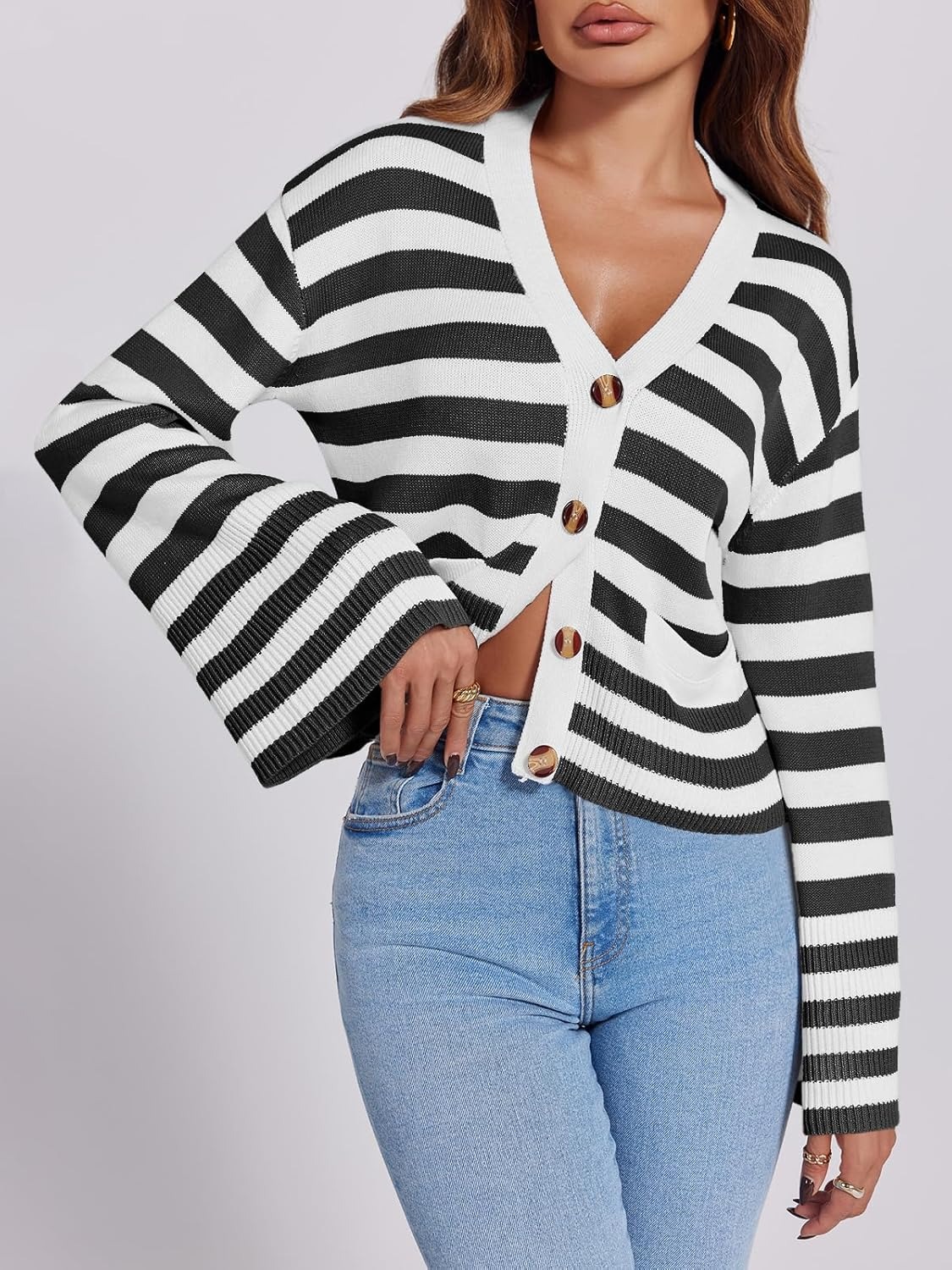 Women's Striped Cropped Button Open Front Long Sleeve Knit Cardigan Sweater