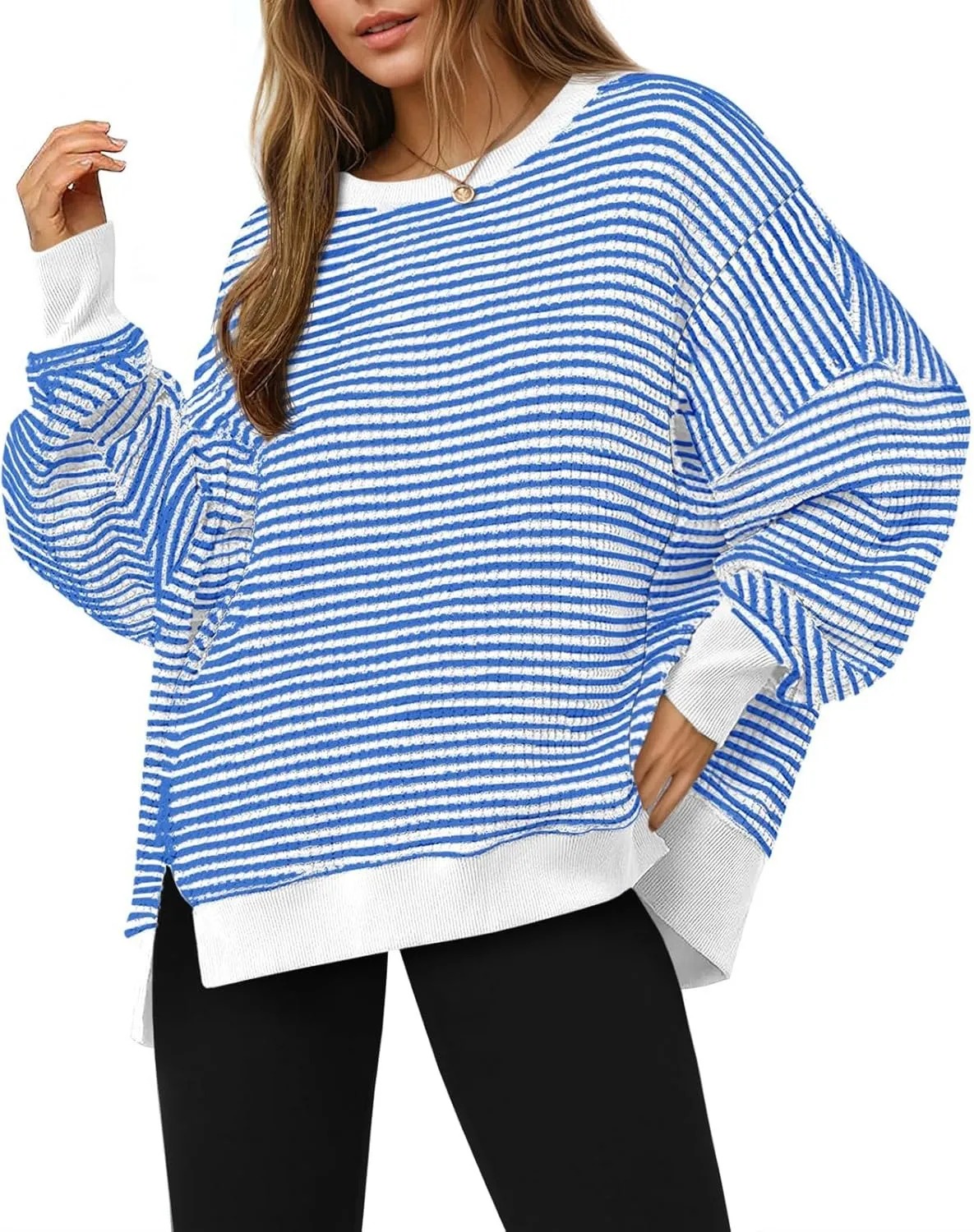HOT SALE Women's Oversized Sweatshirt Waffle Long Sleeve Split Pullover Tunic Tops