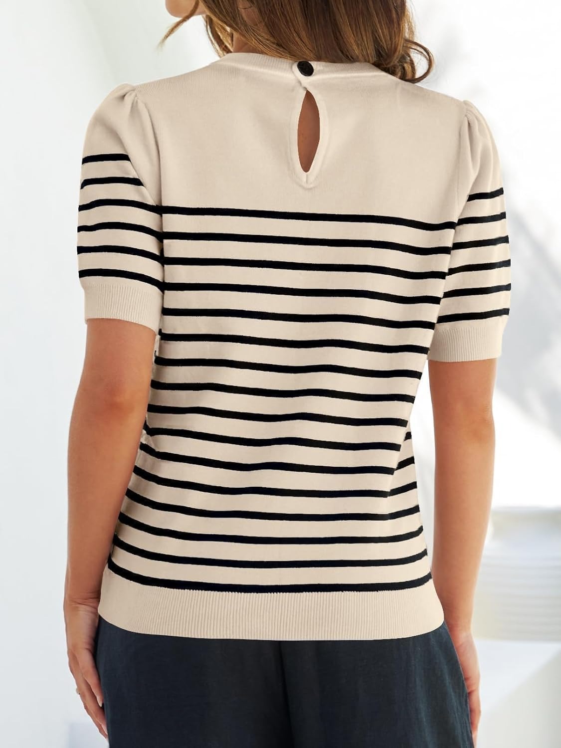 Women's Casual Striped Puff Sleeve Knit T-Shirts Top