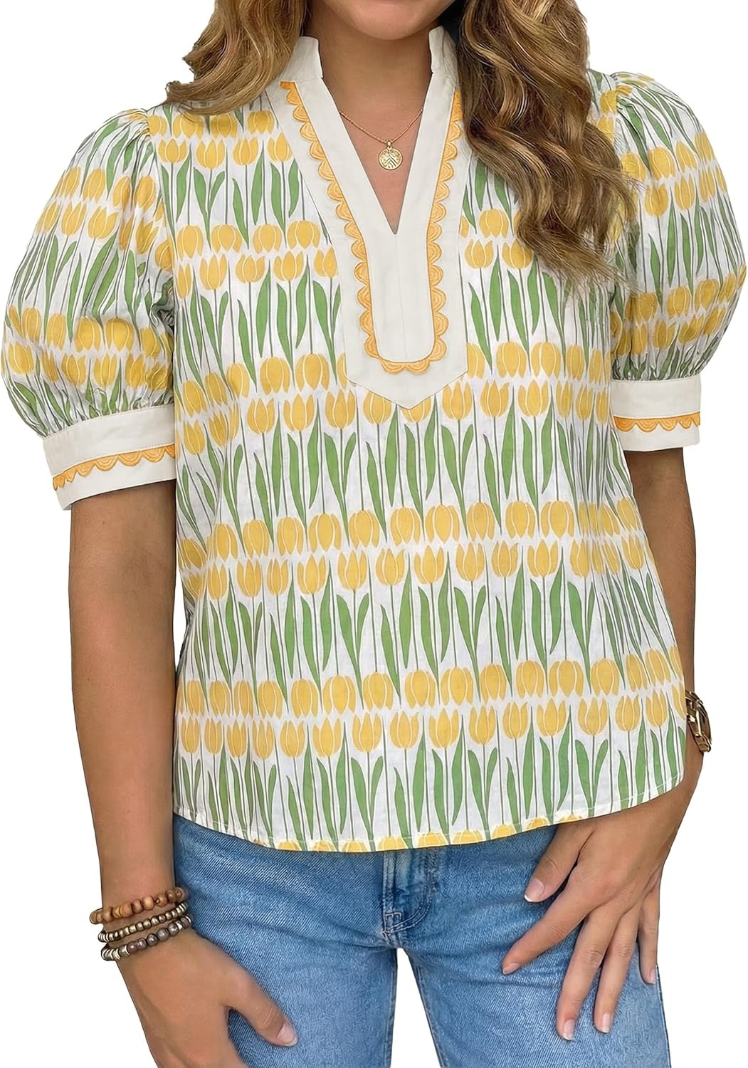 🌷Women's Puff Sleeve Floral Dressy Casual V Neck Loose Fit Blouse Tops