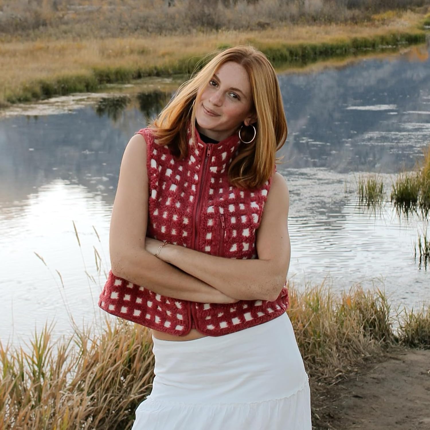 Women's Trendy Plaid High Neck Sherpa Zipper Vest Fleece Jacket