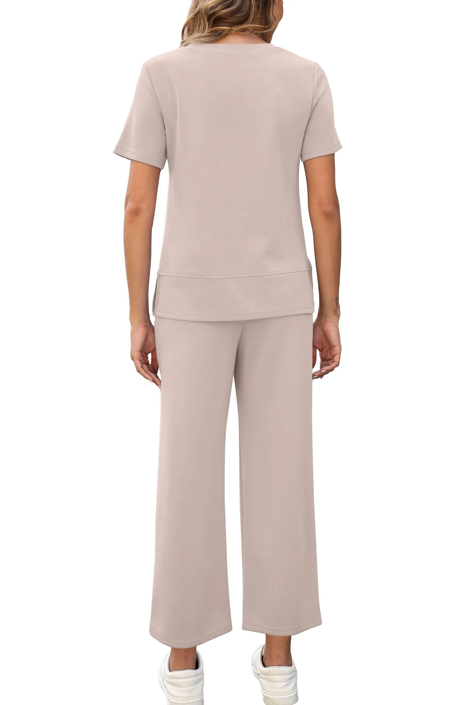 Women's Casual Two Piece Slit Top and Wide Leg Pants