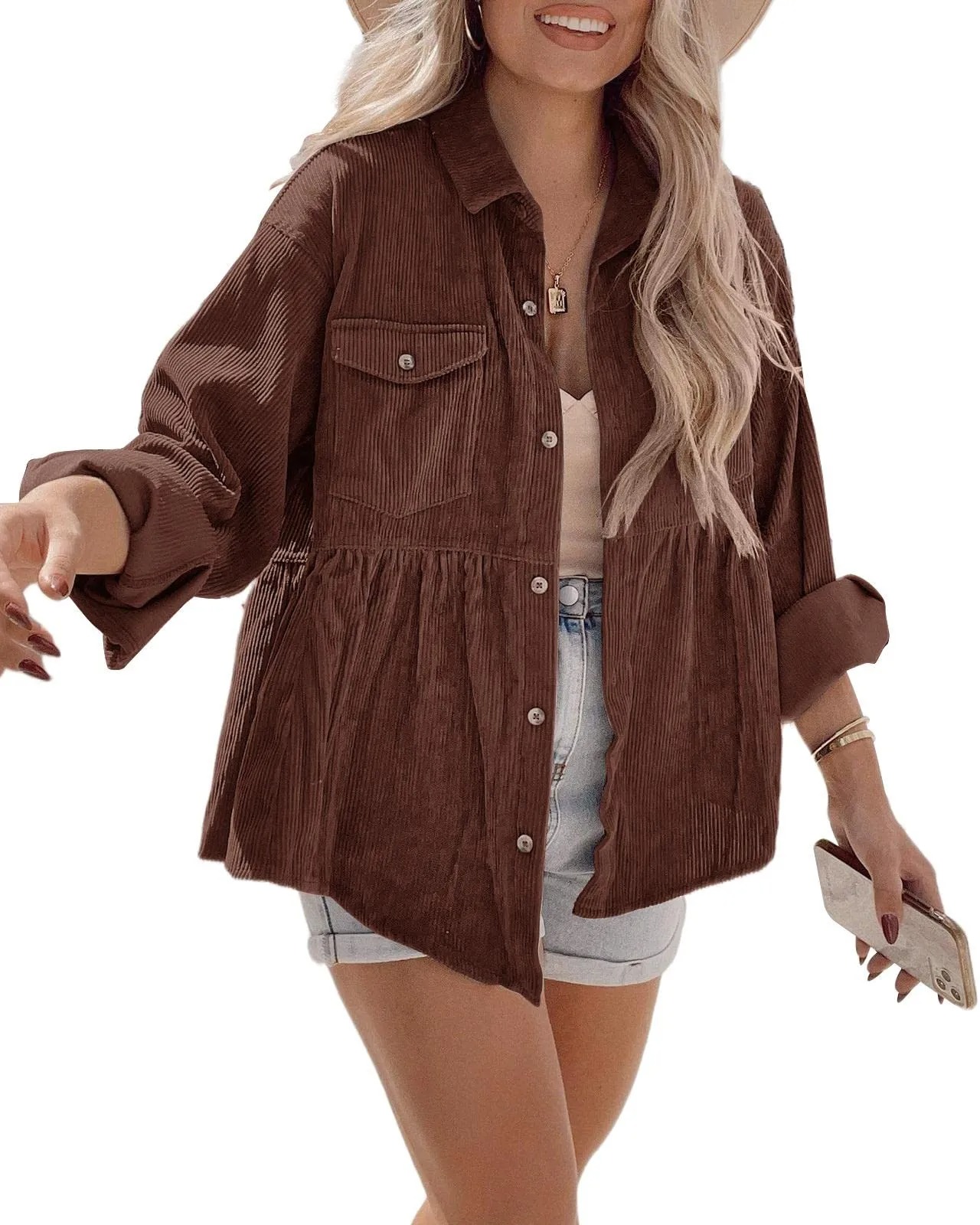 HOT SALE Women's Corduroy Shirt Button Down Tunic Loose Pocket Jacket