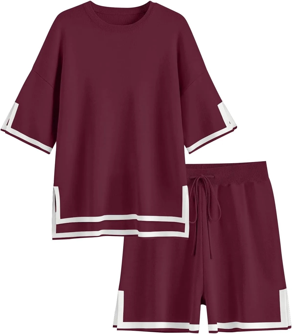 HOT SALE Women's Color Block Knitted Short Sleeve Top And Drawstring Shorts Set