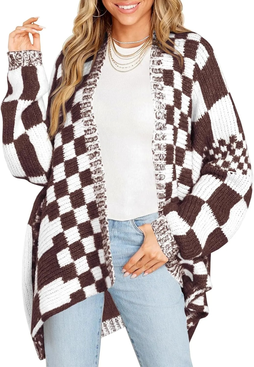 HOT SALE Women's Checkered Sweater Color Block Plaid Cardigans