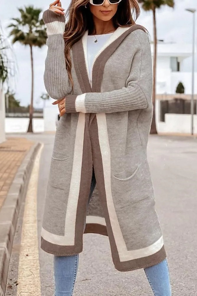 HOT SALE Women's Color Block Striped Open Front Hooded Long Cardigan