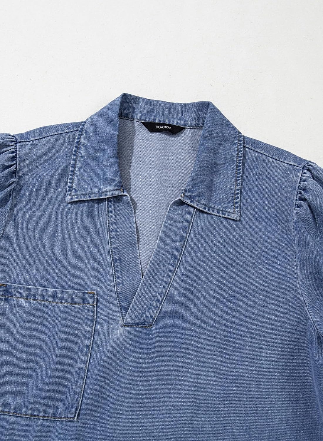 Women's V Neck 3/4 Puff Sleeve Denim Casual Dress