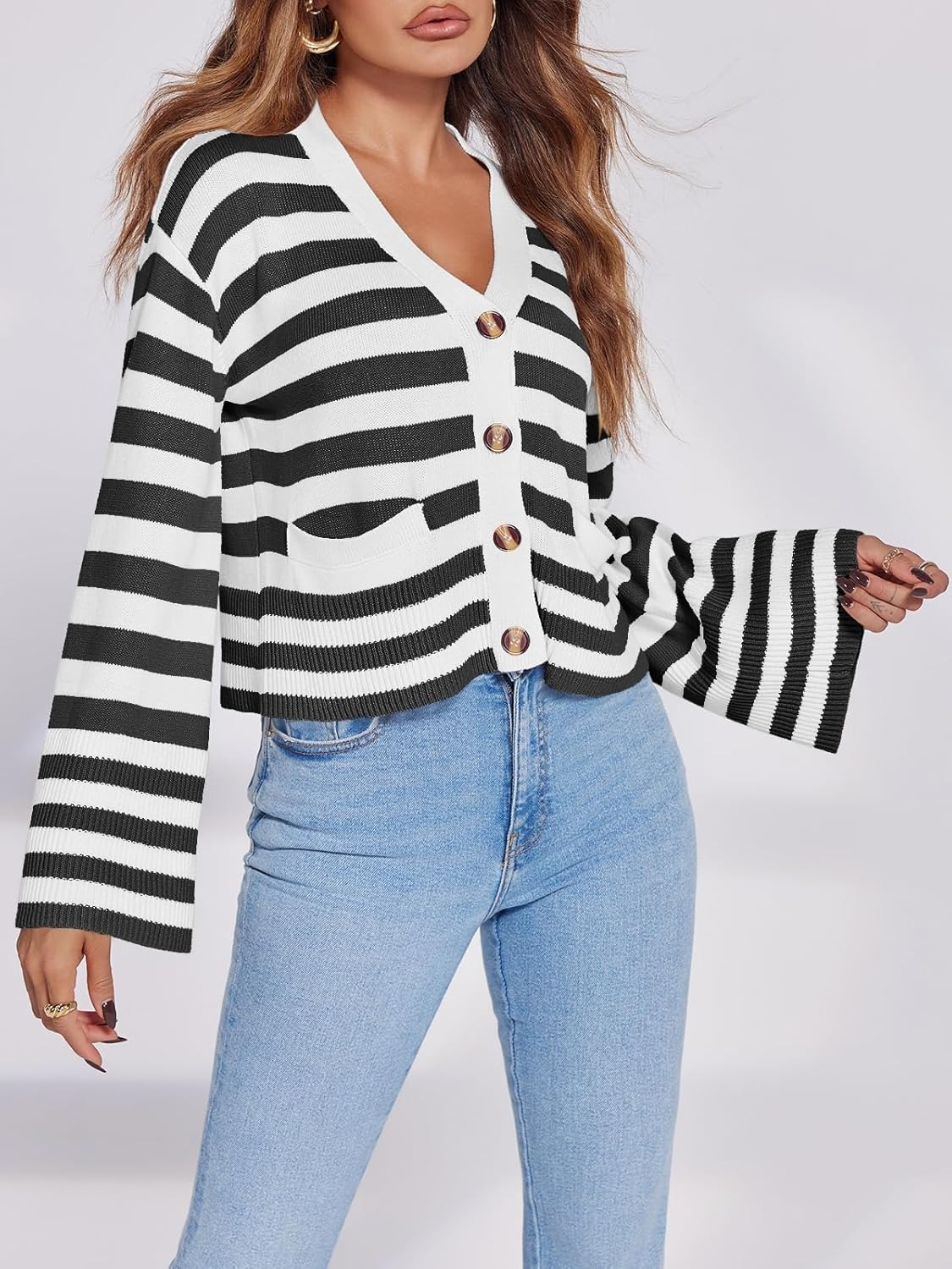 Women's Striped Cropped Button Open Front Long Sleeve Knit Cardigan Sweater