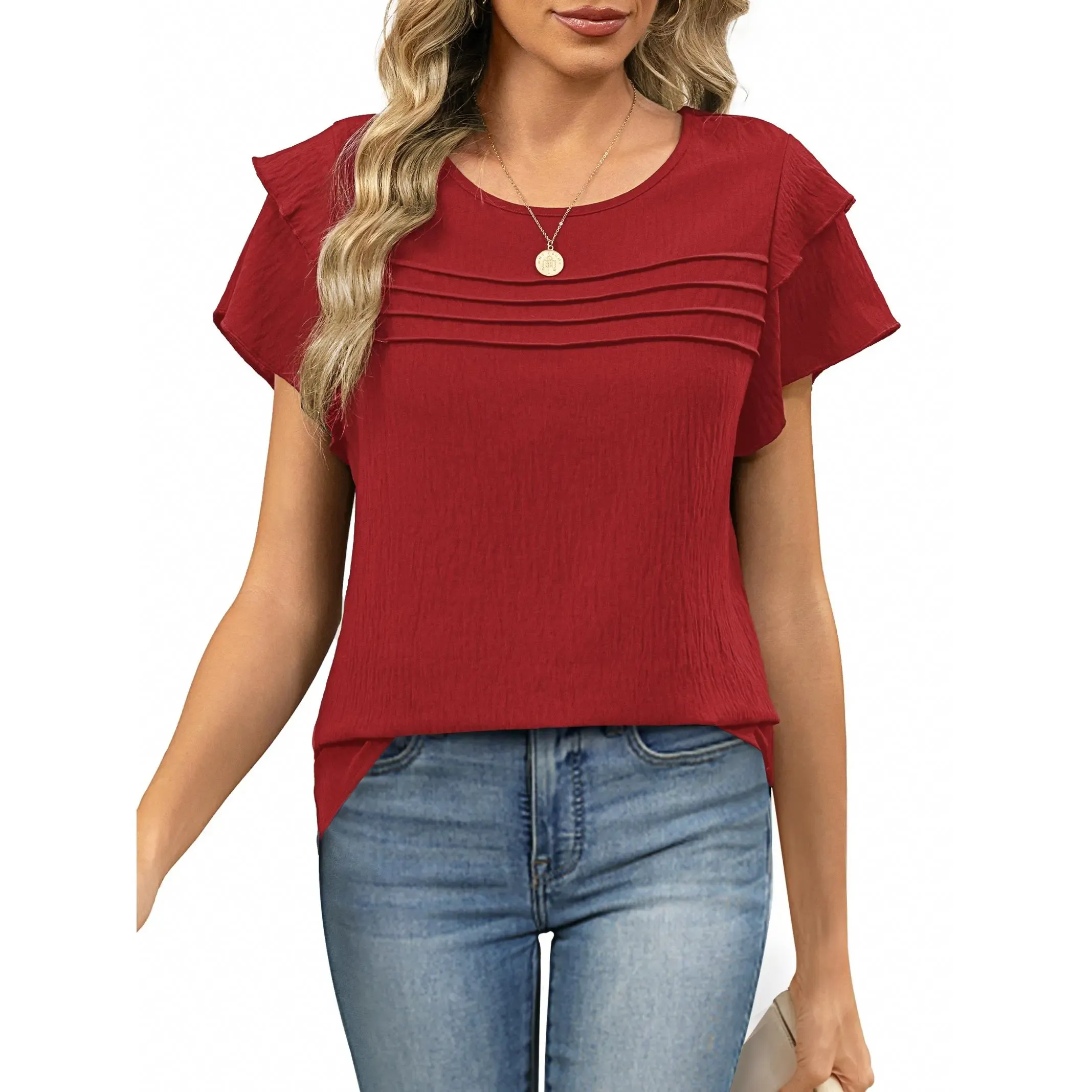 ✨Women's Summer Ruffle Short Sleeve Crew Neck Pleated Front Tops 