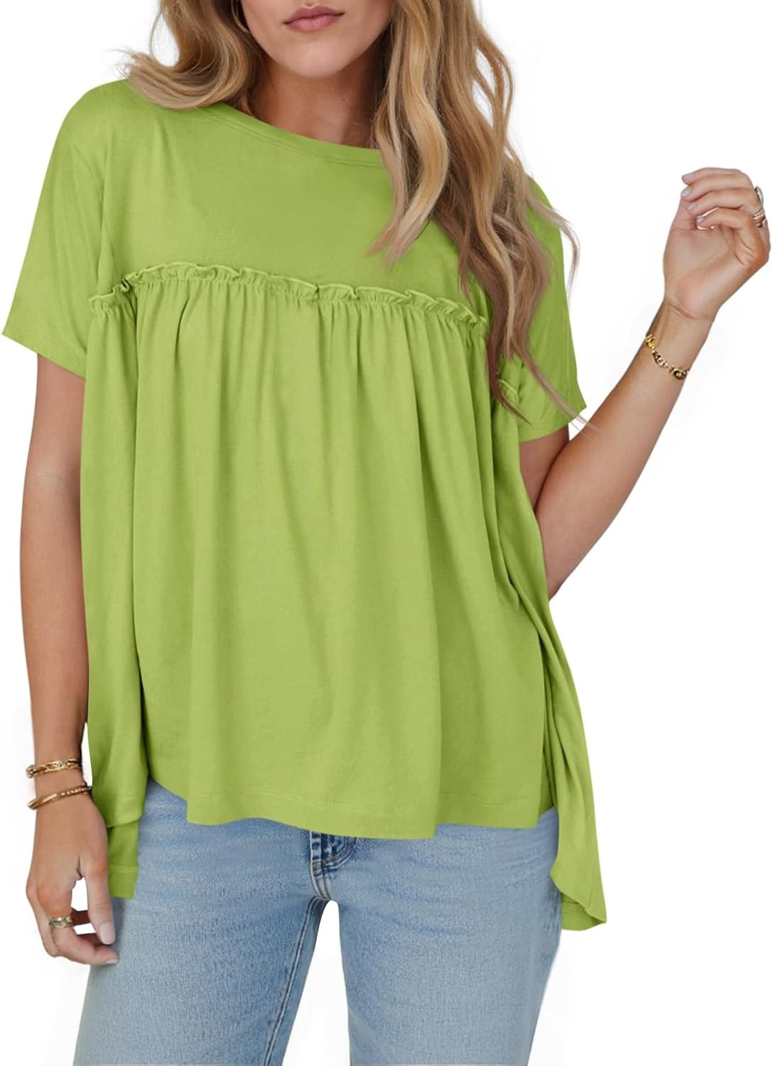 🔥Women's Pleated Short Sleeve Crew Neck Peplum Loose Fit Babydoll