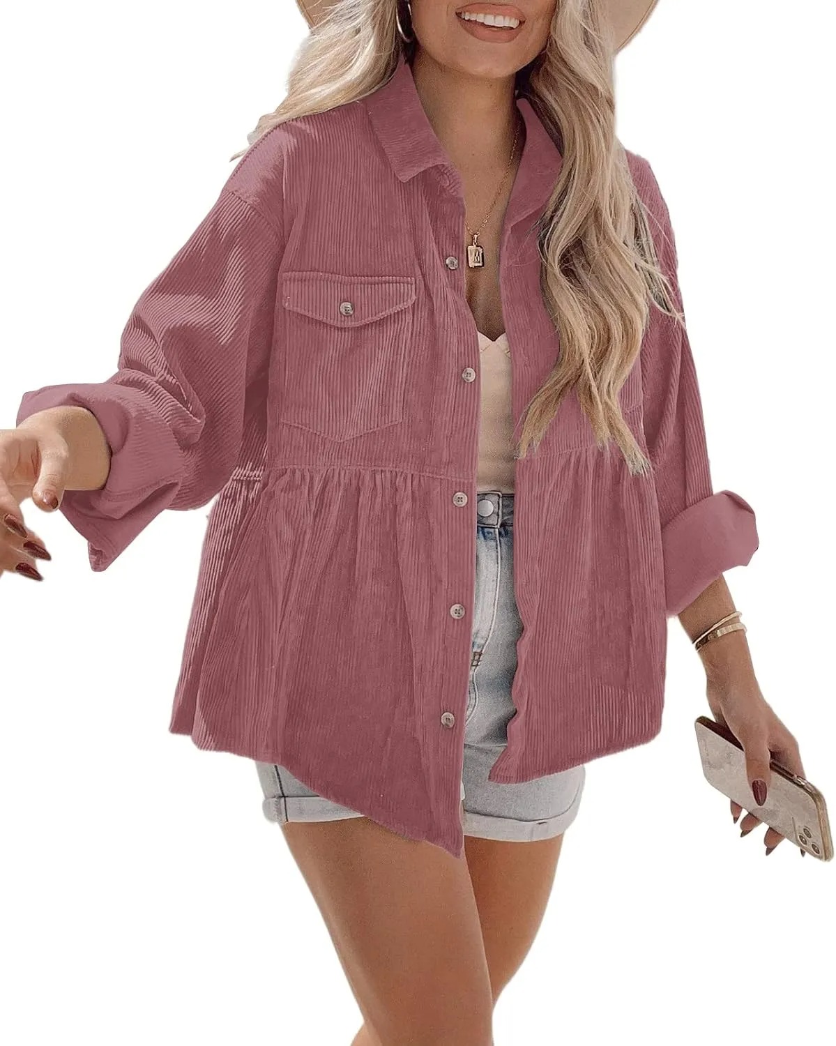 HOT SALE Women's Corduroy Shirt Button Down Tunic Loose Pocket Jacket
