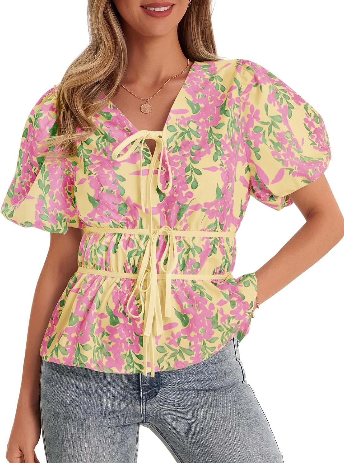 Women's Puff Sleeve Tie V Neck Print Shirts