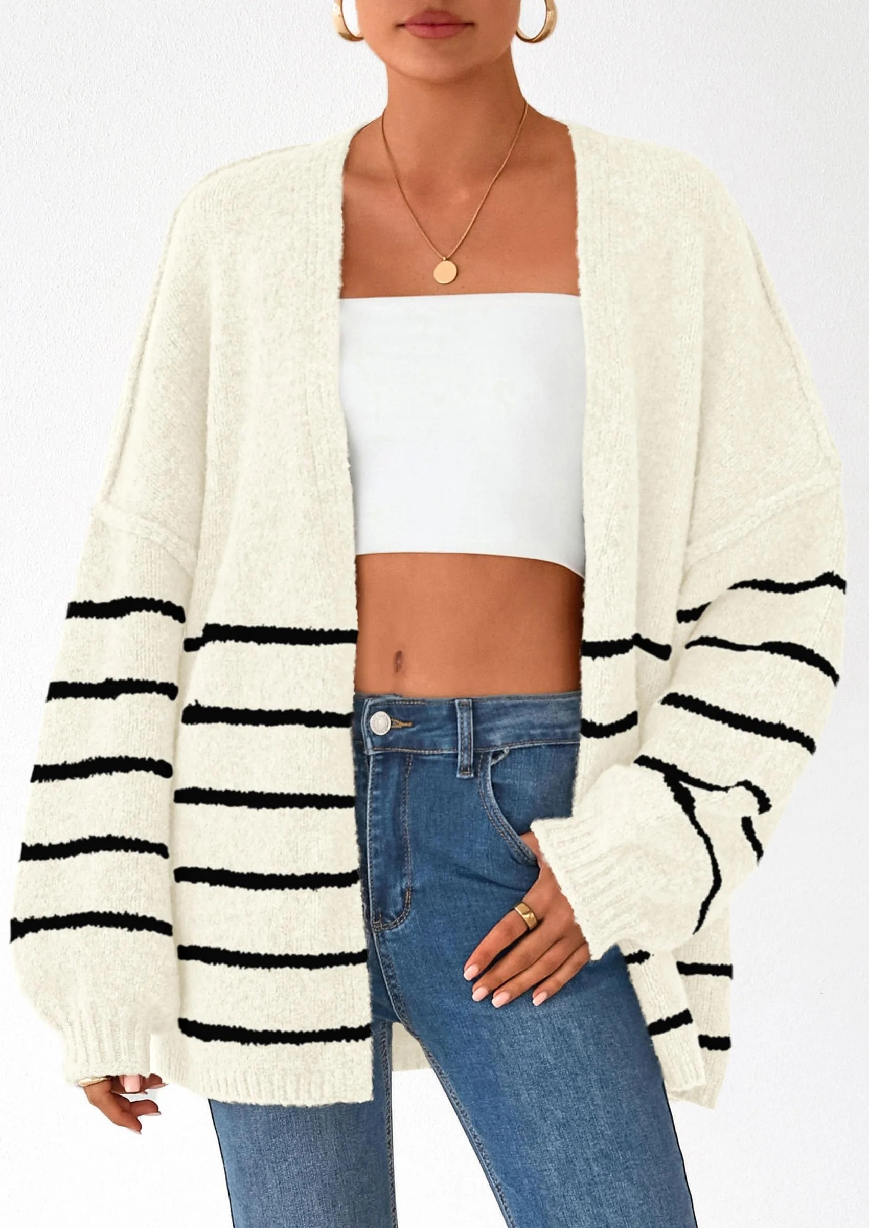 HOT SALE Women's Oversized Balloon Sleeve Striped Cardigan Sweater