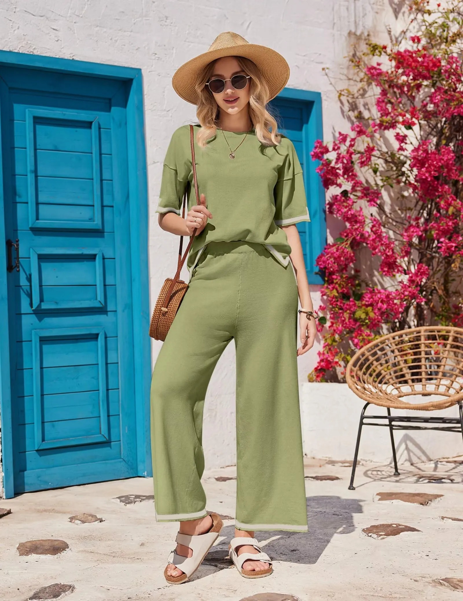 Women's Travel Outfits 2 Piece Sets Short Sleeve Sweater Top Wide Leg Long Pants