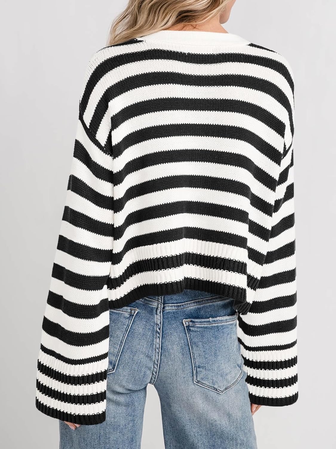 Women's Striped Cropped Button Open Front Long Sleeve Knit Cardigan Sweater