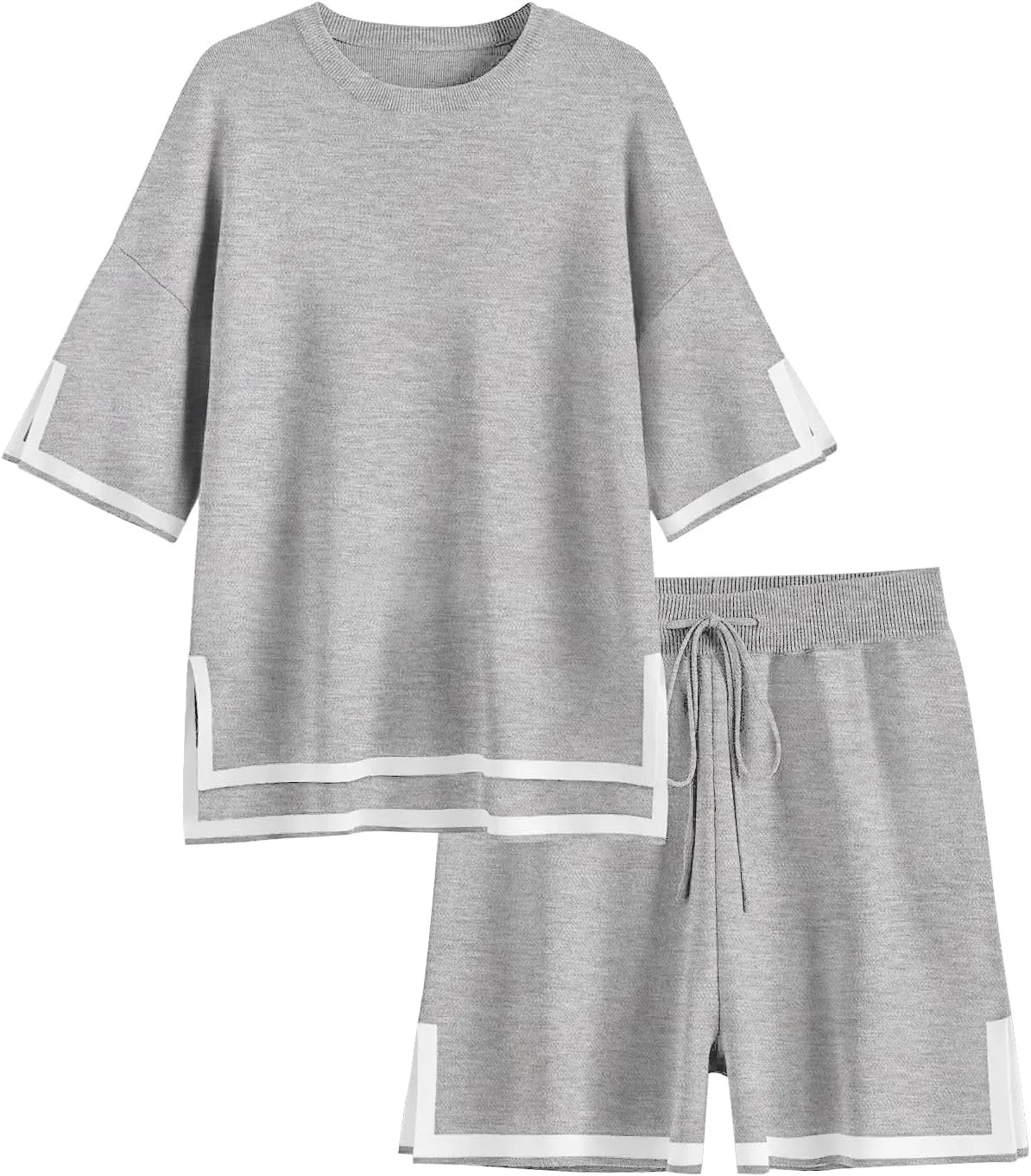 HOT SALE Women's Color Block Knitted Short Sleeve Top And Drawstring Shorts Set