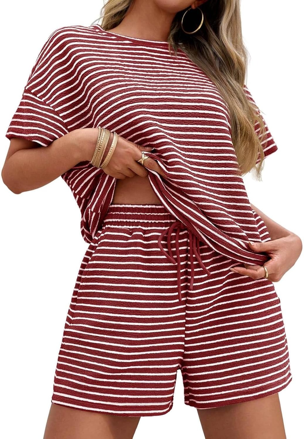 ✨Women's Striped 2 Piece Lounge Sets Short Sleeve Oversized T Shirts Drawstring Shorts Matching Set