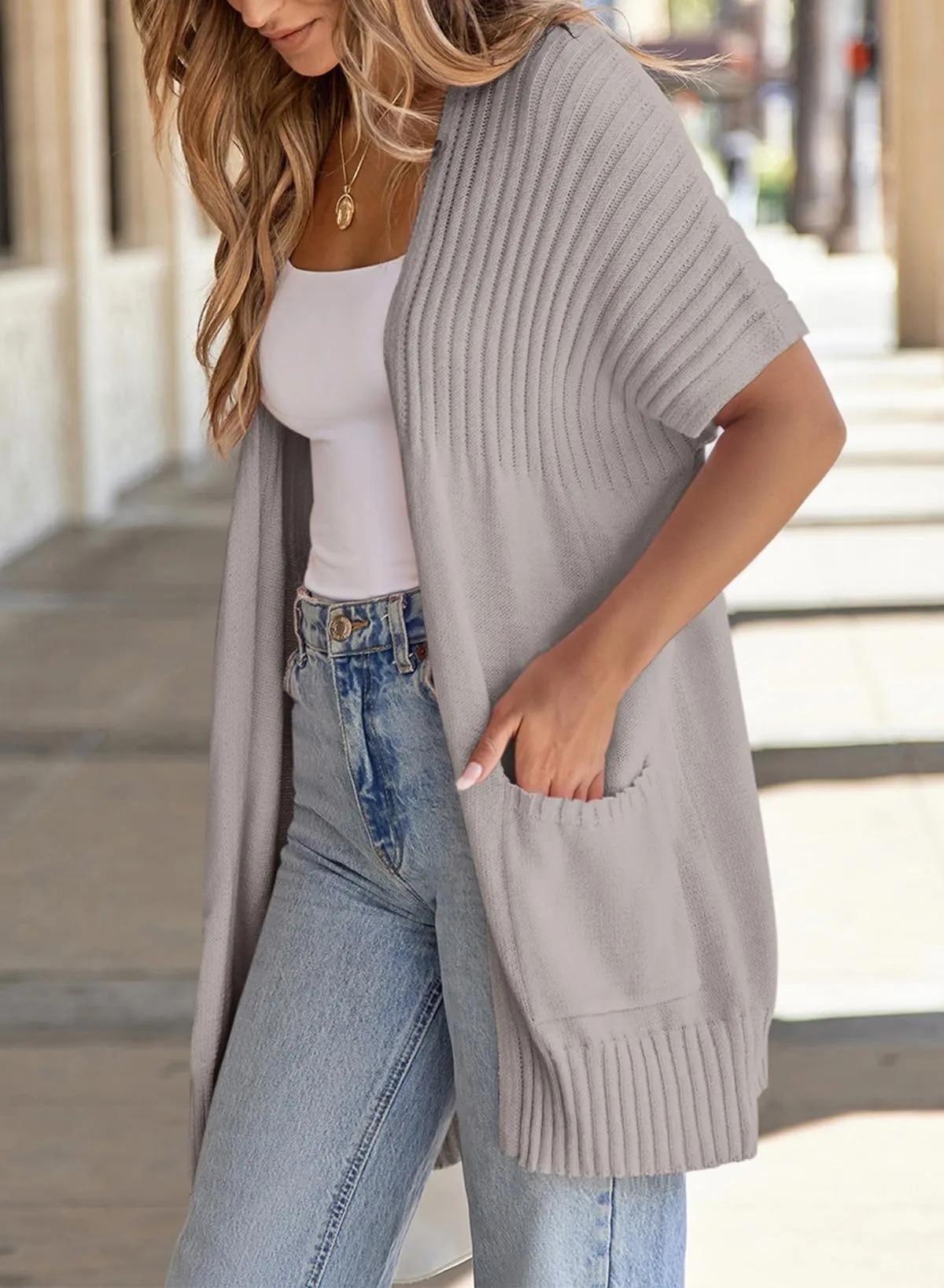 HOT SALE Women's Short Sleeve Pleated Lightweight Open Front Cardigan