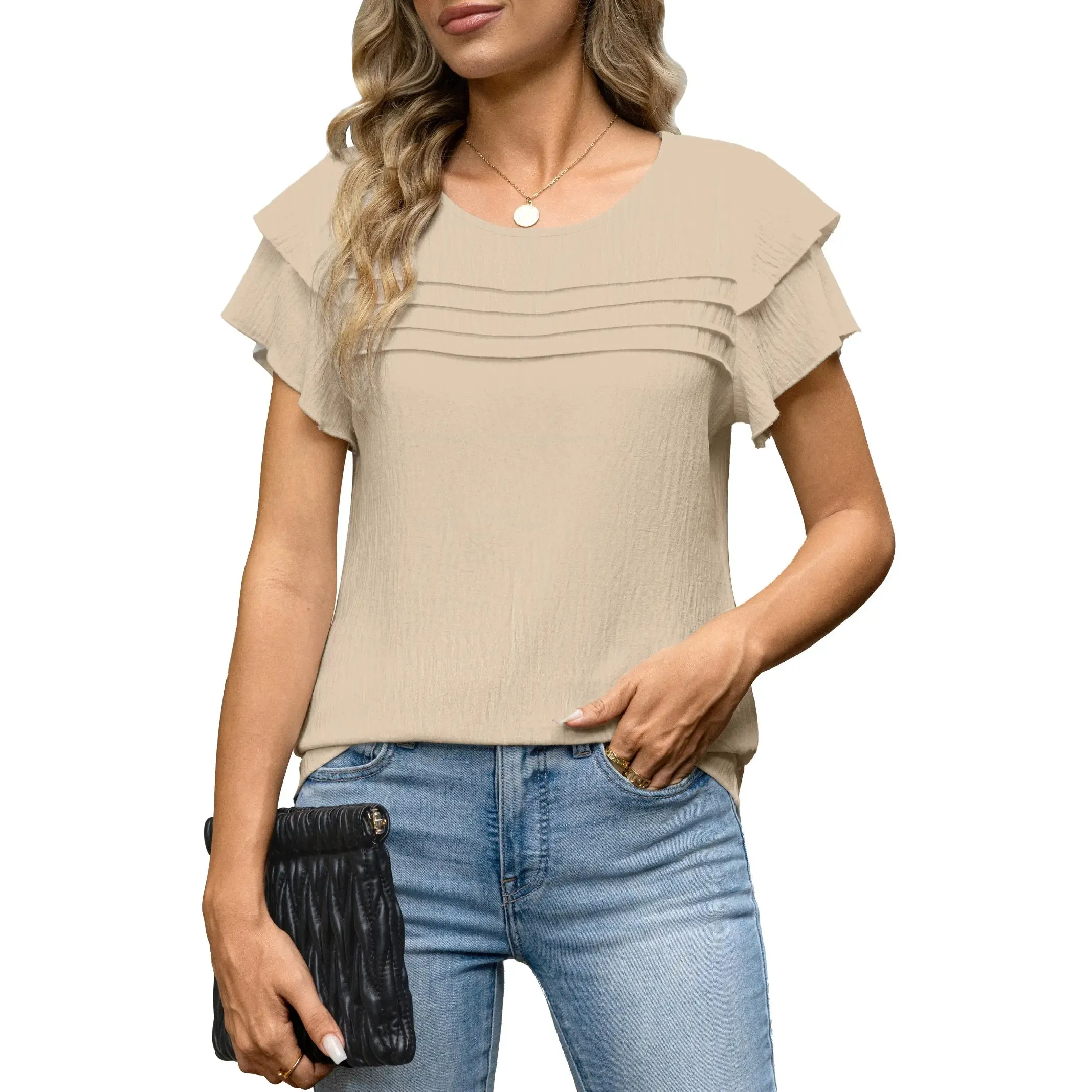 ✨Women's Summer Ruffle Short Sleeve Crew Neck Pleated Front Tops 