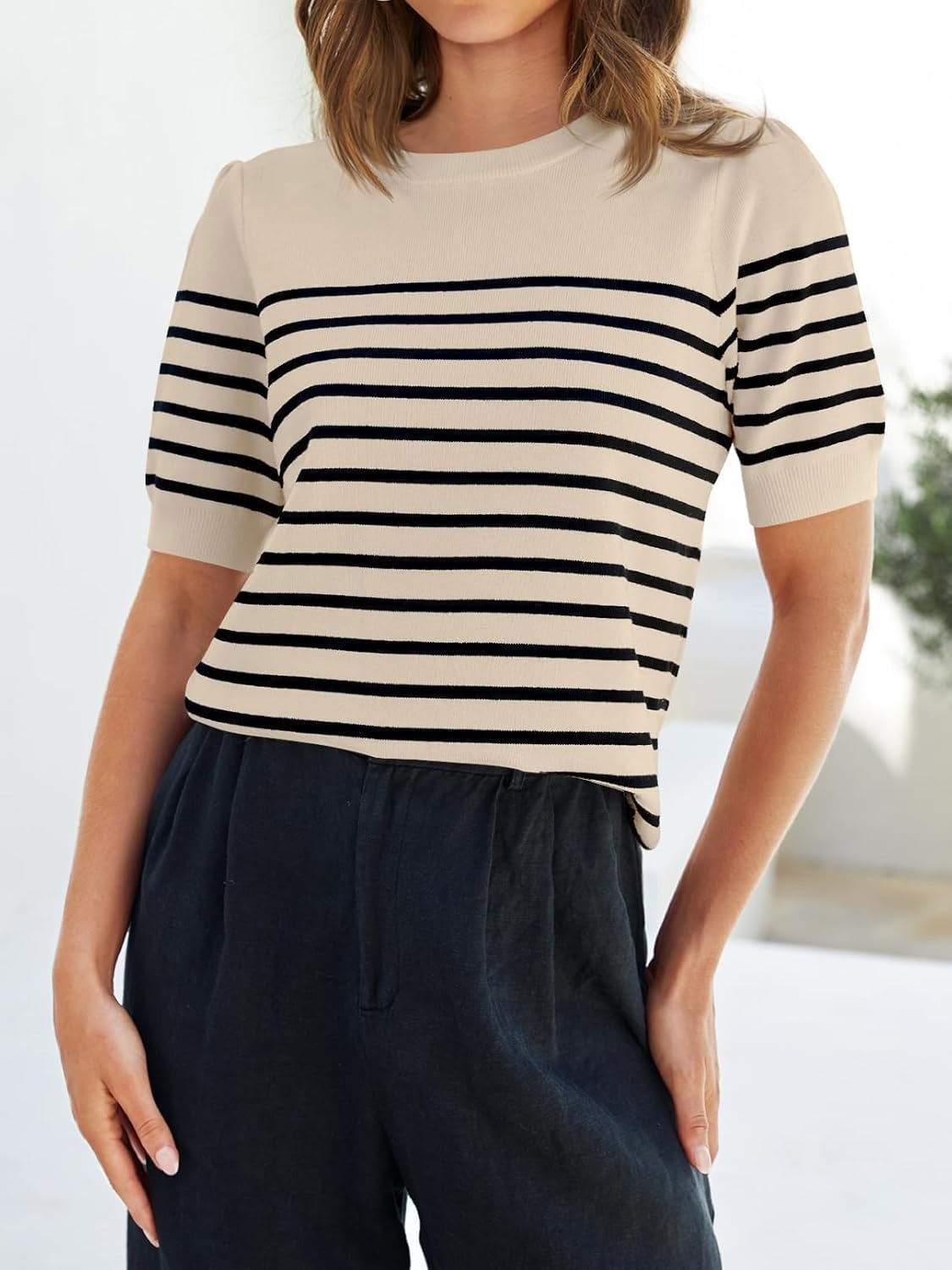 Women's Casual Striped Puff Sleeve Knit T-Shirts Top