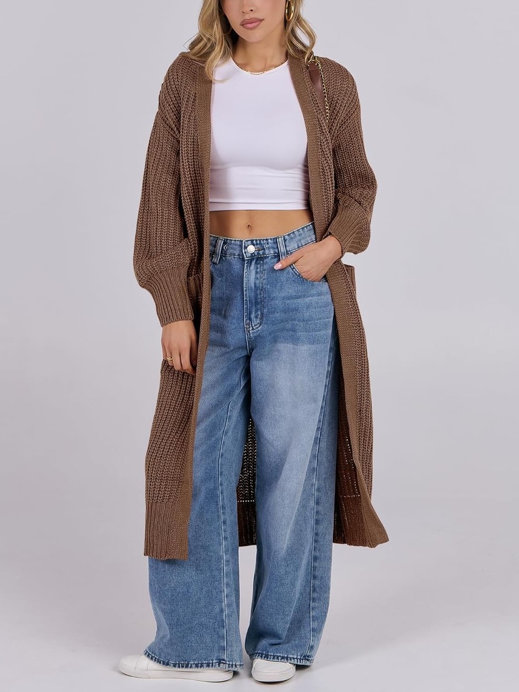 Women's Open Front Knit Long Cardigan Sweaters with Pockets