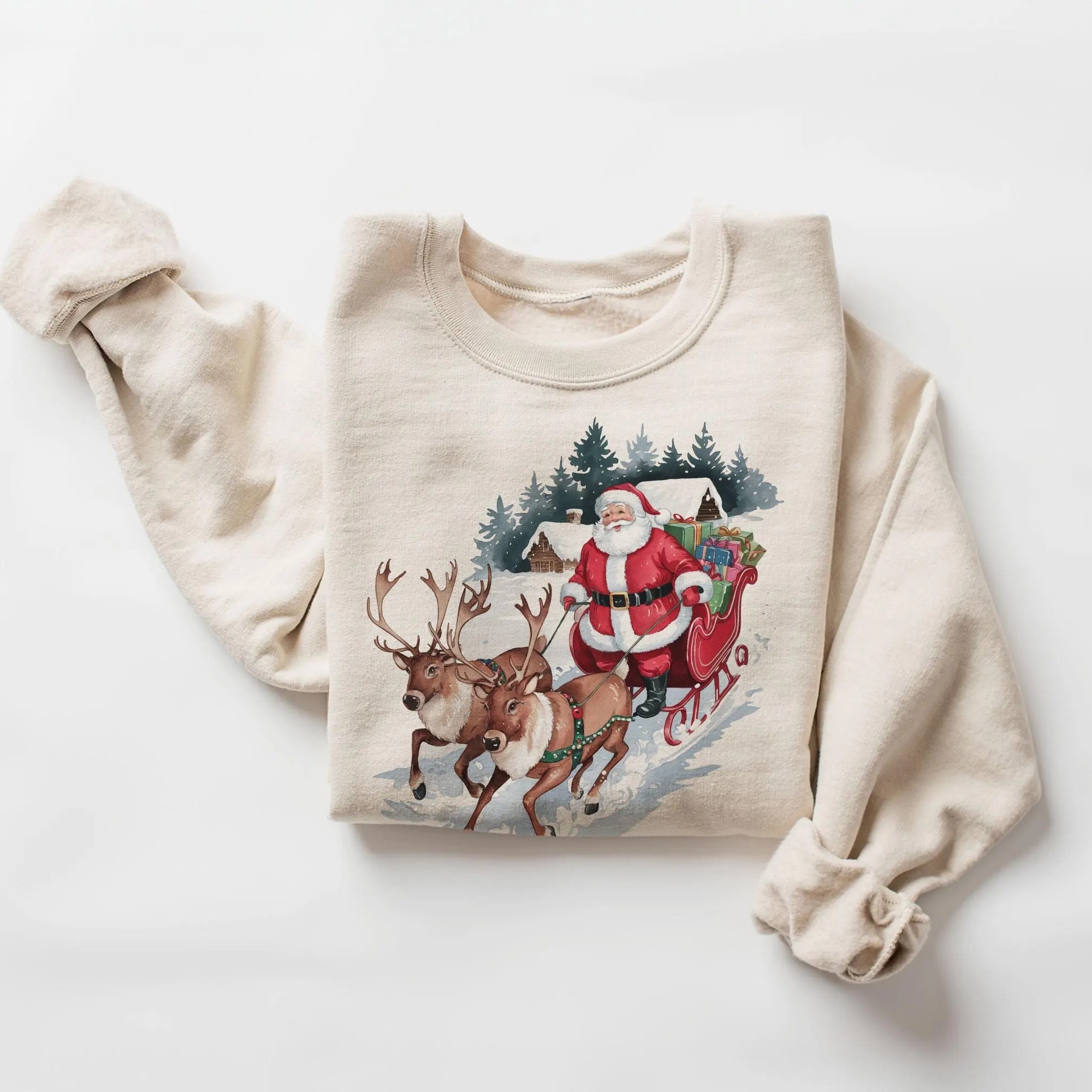 Retro Santa & Reindeer Christmas Winter Cabin Sweatshirt