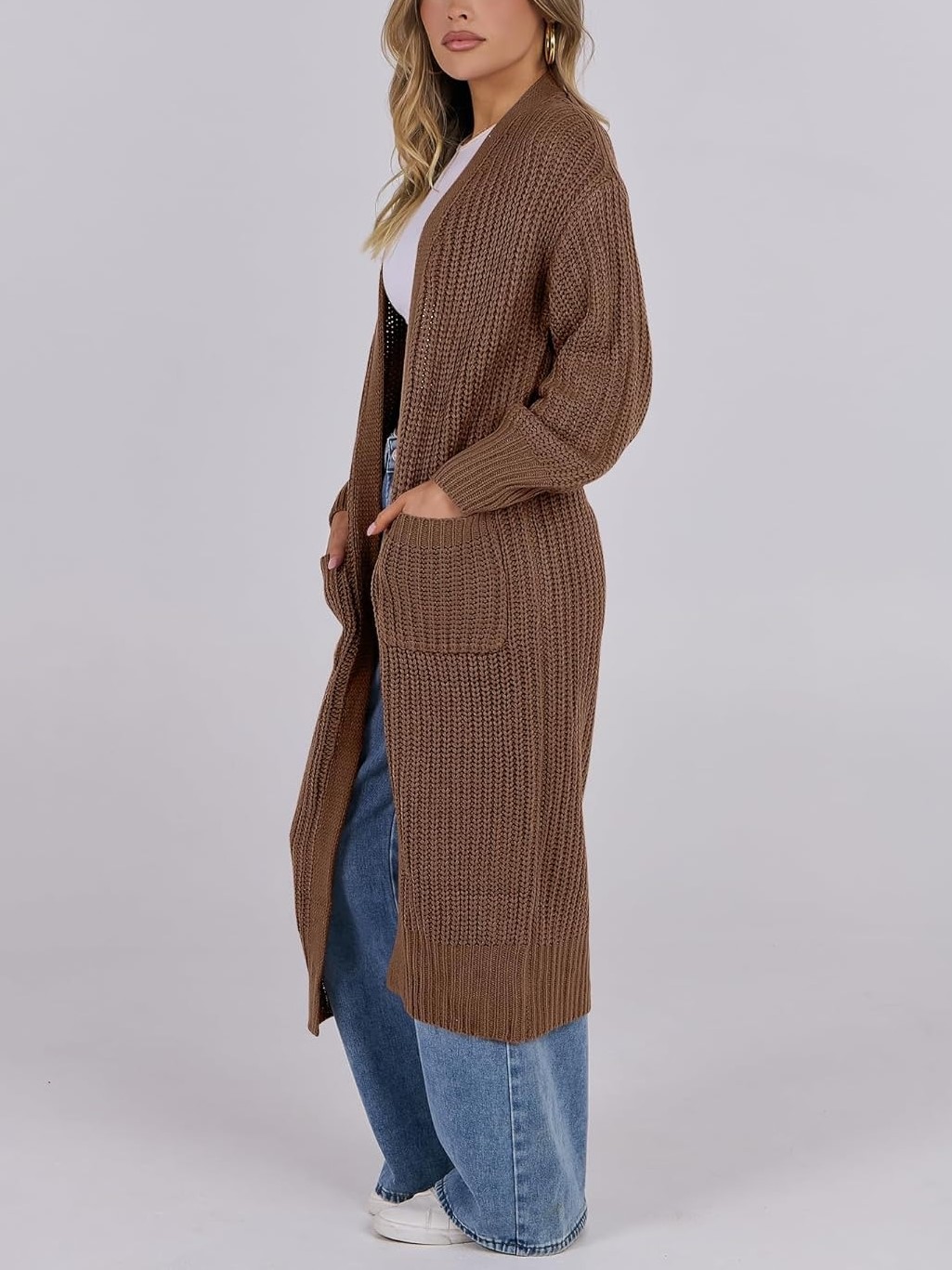 Women's Open Front Knit Long Cardigan Sweaters with Pockets