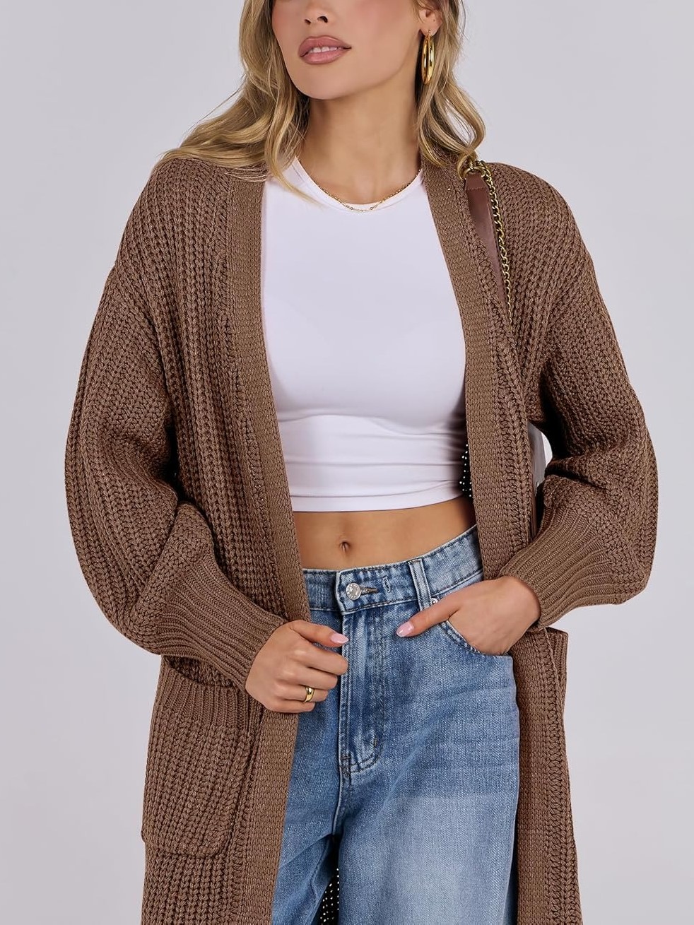 Women's Open Front Knit Long Cardigan Sweaters with Pockets